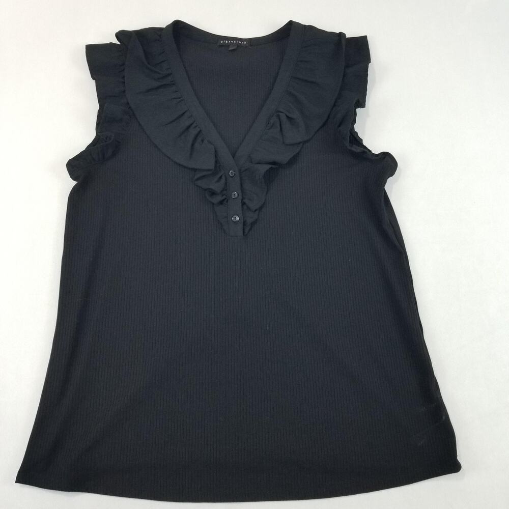 Gibsonlook Tank Top Womens XL Black Ruffle V Neck Sleeveless Stretch Basic Top